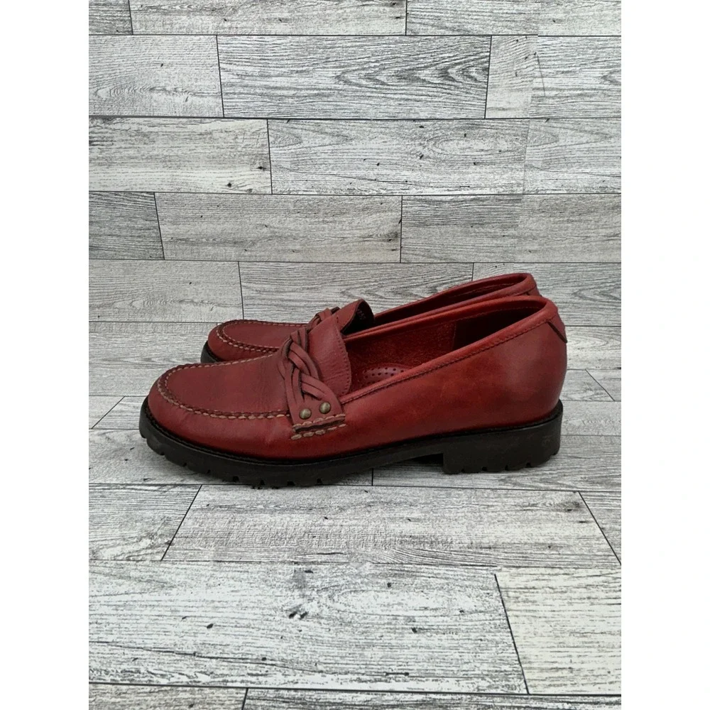 GH Bass Weejuns Calliope Red Leather Loafers Braided Detail Lug Sole Womens 6.5M